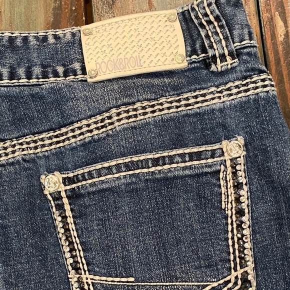 Rock & Roll Cowgirl 30 (11) Denim Mini Skirt Embellished Logo Stretch Low Rise - Picture 4 of 13
